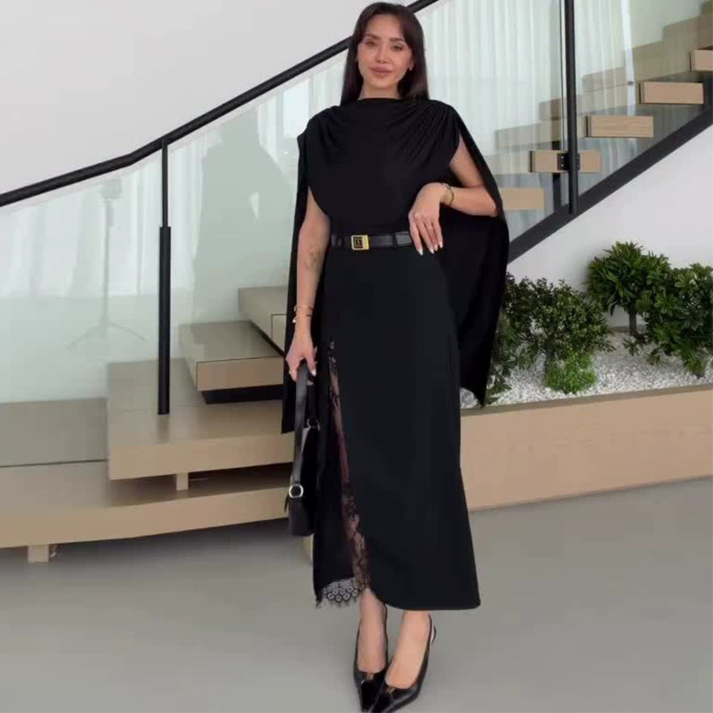 Forever 21 Black Sleeveless Lace Patchwork Slit Maxi Dress with Waist Tie